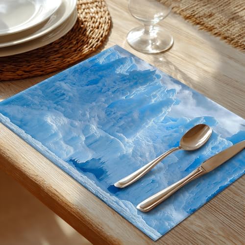 Shrahala Winter Icicle Blue Set of 8 12 X 18 Inch Linen Placemats, White Mist Snow Scene Burlap Table Mat Washable Double Layered Heat Insulation for Indoor/Outdoor