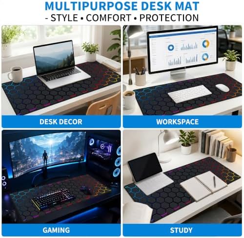 Extended Honeycomb Technology Desk Mat, XL Large Gaming Mouse Pad, Neon-Inlaid Hexagons Stitched Edges Waterproof Non-Slip Rubber Base for Computer Keyboard Laptop Work Home Office 31.5"x11.8"