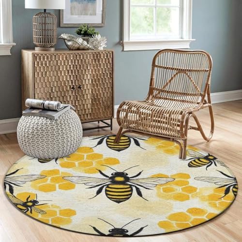 Large Machine Washable Circular Rugs, Home Decor Round Mat for Living Room Sofa Office Yellow Bee