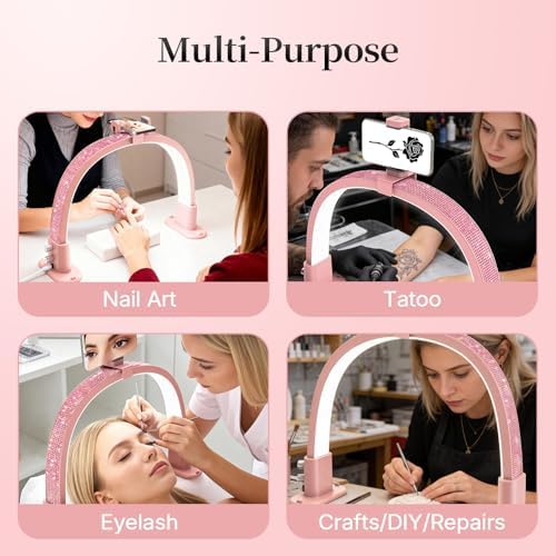 BLUVALL Half Moon Nail Lamp for Desk Portable Nail Desk Lamp with Phone Holder, Stepless Adjustment of Brightness and Color Temperature Desk Lamp for Nail Tech, Eyelash, Tattoo, Makeup (Pink)