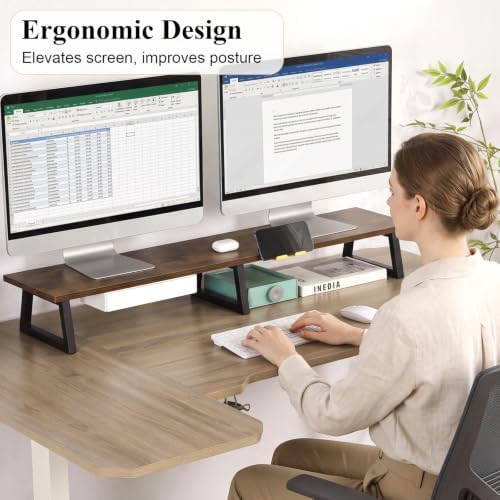 TEAMIX 42 inch Dual Monitor Stand with Storage Drawer & Phone Holder, Brown