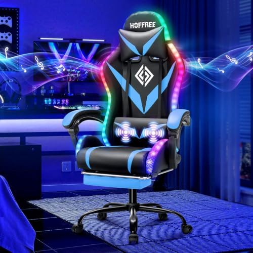 HOFFREE LED Gaming Chair with Speakers RGB Lights Computer Chairs-Blue