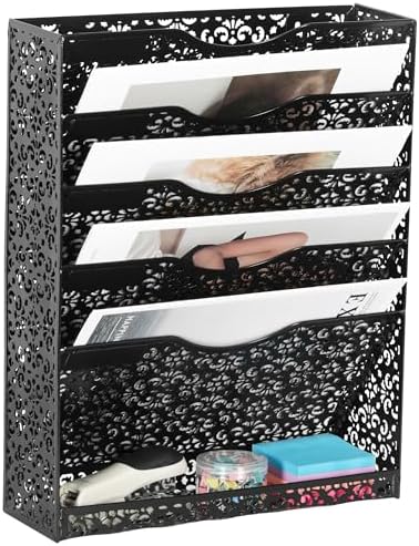 EasyPAG Desk File Organizer Heavy Duty Metal Wall Mount File Holder 5 Tier Mail Paper Folder Holder with Bottom Tray for Office Home Cubicle Countertop, Black