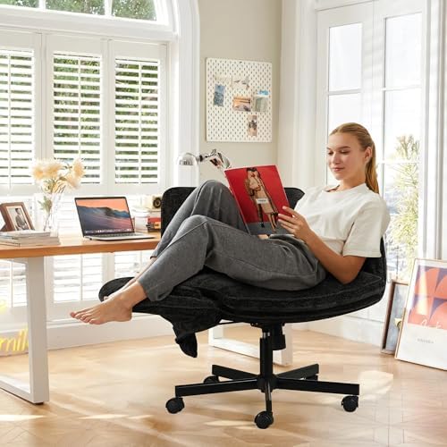 Criss Cross Chair with Lumbar Airbag & Folding Arms Relieve Back Pain, Wide Cross Legged Office Chair for Home Office, Comfy Swivel Desk Chair with Wheels, 5 Level Adjustable Armrest, Chenille(Black)