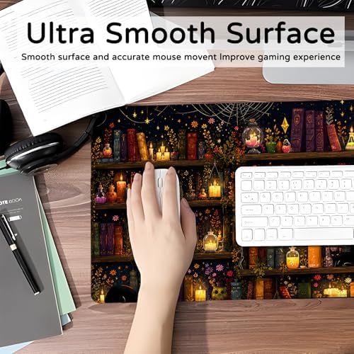 Library Gaming Mouse Pad,Gothic Large Desk Mat, 31.5x11.8x0.12in Extended Non-Slip Rubber Magic Candle Book Art Mousepad, Computer Deskmat Gifts, Laptop Mice Pads Decor for Office Home