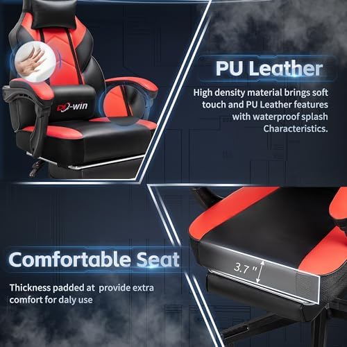 Gaming Chair, Office Chair with Footrest and Lumbar Support, Height Adjustable Game Chair with 360°-Swivel Seat and Headrest and for Office or Gaming (Deep Red)