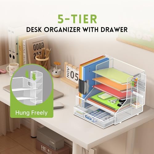 5-Tier Desk Organizer with File Holder & Pen Holder & Sliding Drawer, White