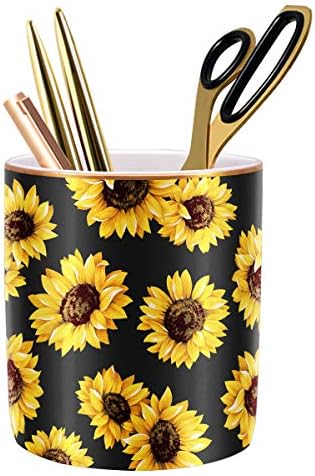 Pen Holder, Cute Pencil Holder for Desk, Makeup Brush Holder Floral Pattern, Pencil Cup for Girls Women, Durable Ceramic Desk Organizer Flower Decor for Office, Classroom, Sunflower