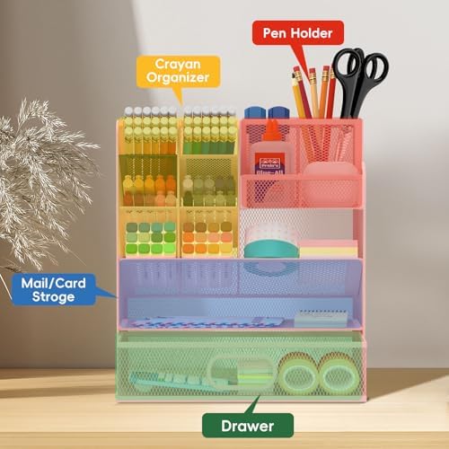 Mesh Pen Organizer for Desk, 13 Compartments with Drawer, Pink