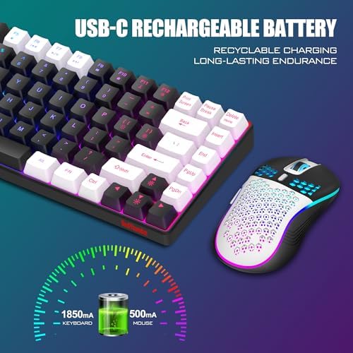 RedThunder K84 Wireless Keyboard and Mouse Combo, Rainbow Backlit Rechargeable Battery, 75% Layout TKL Ultra Compact Gaming Keyboard & Lightweight 3200 DPI Honeycomb Optical Mouse (Black-White)