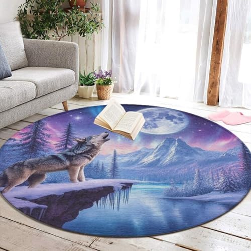 Home Decor Non Slip Kitchen Office Circle Rug, Machine Washable Modern Round Area Rug, Room Sofa Yoga Soft Round Carpet Snow Full Moon Wolves Pink Art, 36inch
