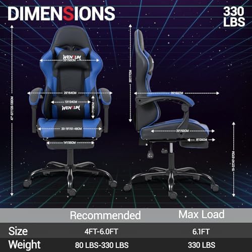 Gaming Chair with Footrest, Ergonomic PC Desk Chair with Headrest and Massage Lumbar Support, Video Game Chair with Height Adjustable High Back for Home Office, PU Leather, Royal Blue