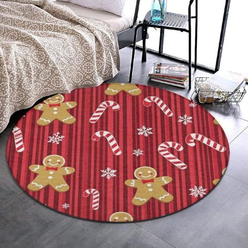 Room Sofa Yoga Soft Round Carpet, Home Decor Non Slip Kitchen Office Circle Rug, Machine Washable Modern Round Area Rug Christmas Red Gingerbread Cookies Candy Canes