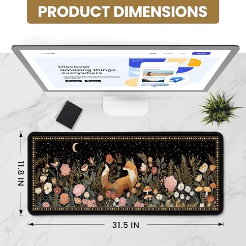 Aesthetic Desk Mat, Cute Wildwood Fox Desk Pad Protector for Work & Decor, 31.5" x 11.8", Pretty Non-Slip Extended Mouse Pad for Office or Home