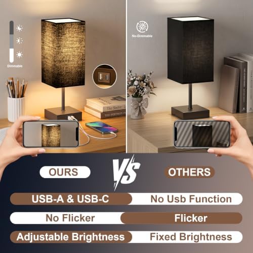 Bedside Table Lamps for Bedroom Touch Nightstand Lamp with USB C+A