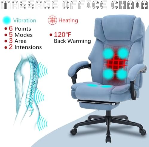 Massage Office Chair with Foot Rest 6 Points Vibration and Heat Home Office Desk Chairs for Heavy People 400lbs Reclining Managerial Chairs Ergonomic Executive Chair (Dustyblue)