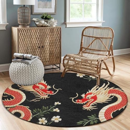 Soft Round Yoga Carpet, Large Home Decor Mat, Non-Slip Machine Washable Kitchen Office Circle Rug Compatible with Floral Chinese Japanese Dragon Flower