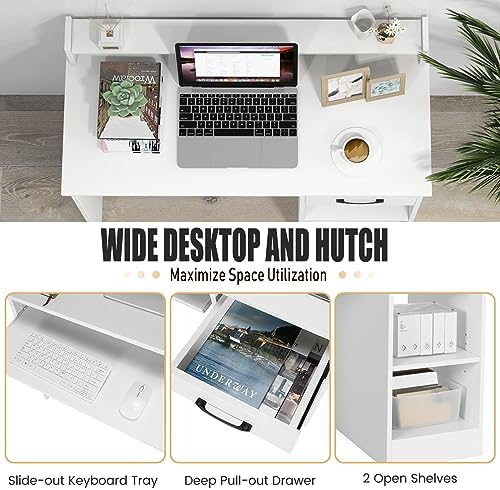 Computer Desk with Hutch & Keyboard Tray, Home Office Workstation with Drawer, Adjustable Shelves, Modern Vanity Table for Bedroom, Wooden Writing Study Laptop PC Desk (White)