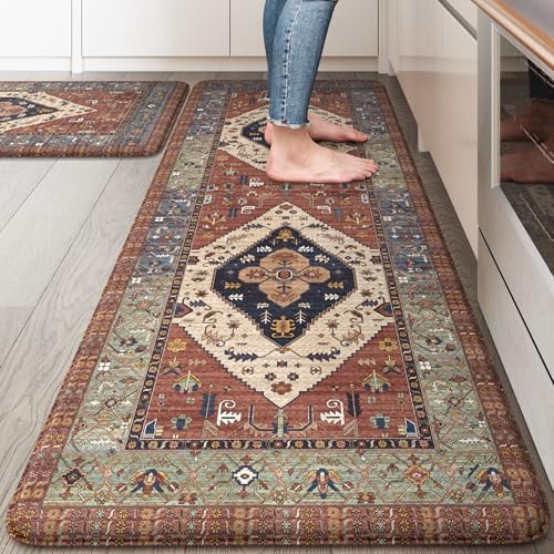 KIMODE Anti Fatigue Kitchen Mats, Boho Distressed Kitchen Rugs Red