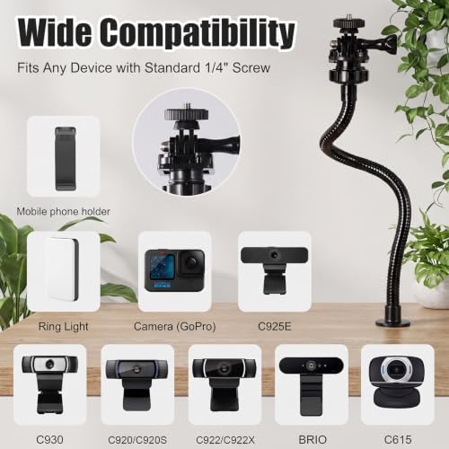 Flexible Webcam Stand Mount for Desk, Gooseneck Webcam Arm Tripod with Phone Holder, Desk Camera Mount Compatible with Logitech C922 C930e C920S C920 C615 C960 C920x Brio 4K, 1/4" Thread