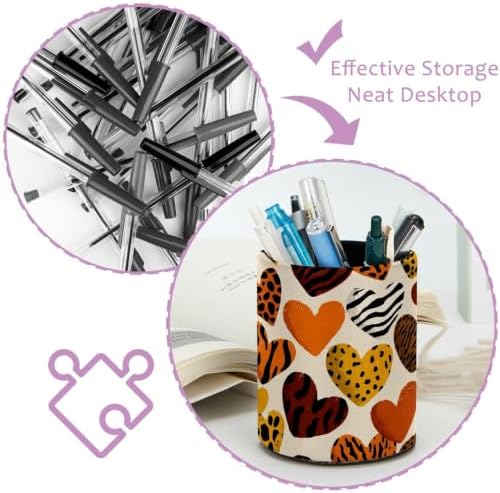Leather Pen Holder for Desk, Leopard Heart Pencil Cup Pen Organizer Makeup Brush Holder for Office Home Kids Countertop Desk Accessory Storage