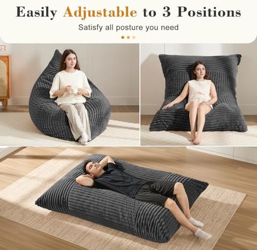 3-in-1 Giant Bean Bag Chair for Adults & Kids, Convertible Floor Sofa to Mattress, Memory Foam Beanbag Chair with Washable Cover, Multi Functional Lounge Couch for Bedroom, Living Room (Dark Grey)