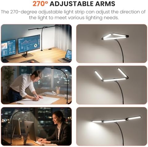 LED Desk Lamp for Office Home, 3 Head Adjustable Desk Light with Adapter