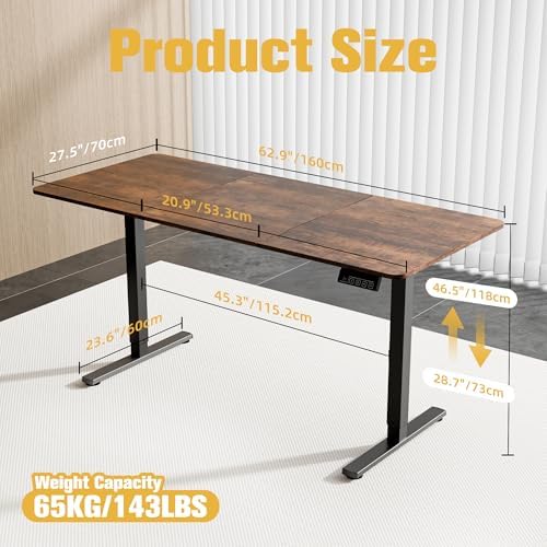 63"x28" Standing Desk, Height Adjustable Sit-Stand Home Office, Brown