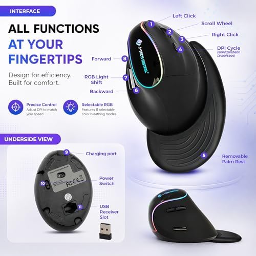 J-Tech Digital Ergonomic Mouse with Wireless Connection, Removable Palm Rest, Thumb Buttons, Rechargeable Battery, 800 DPI, Compatible with Windows and MAC OS