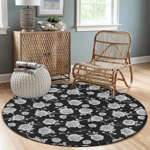 Circular Rugs Large Modern Round Area Rug Fashion Decor Mat for Home Office Black Roses Pattern, 36inch