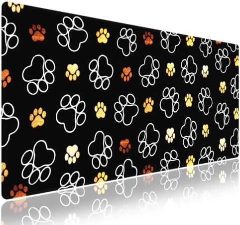 Gold White Pet Paw Large Mouse Pad, Cute Dog Cat Footprint Black Desk Mat