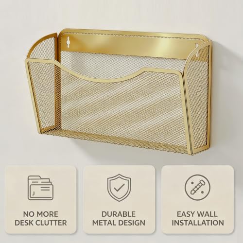 Gawerk Mesh Hanging Wall File Holders, Metal Vertical Wall Basket Mail Organizer for Office/Home (Gold, 6 Pack Wall Mounted)