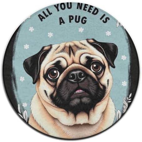 Men's Large Home Decor Mat, Soft Round Yoga Carpet, Non Slip Machine Washable Home Office Circle Rug Cute Puppy Pug
