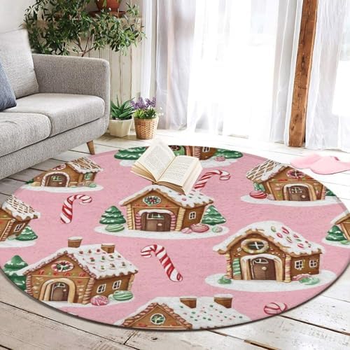 Soft Round Yoga Carpet, Office Chair Decor Round Mat for Carpet and Hardwood Floors Pink Xmas Gingerbread House Christmas