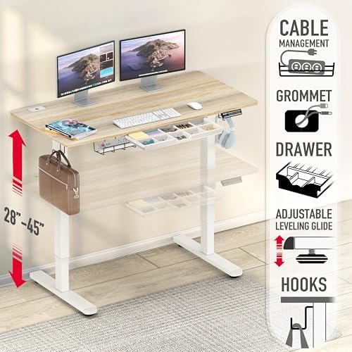 SHW 48-Inch Electric Height Adjustable Standing Desk w/Drawer, Maple