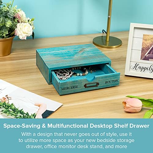 Turquoise Single Drawer Unit - European Country Style Desk Organizer Box - 9.7x7x2.6 Teal Wooden Stackable Drawer - Countertop Organizer Drawer w/Label Holder - Single Monitor Shelf