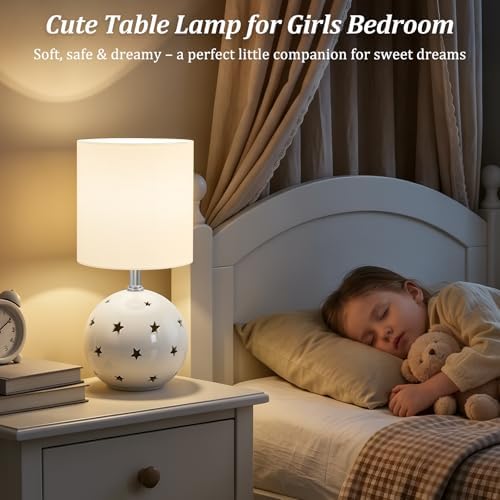 Small Table Lamp,14" White Ceramic Bedside Lamp for Girls Kids Bedroom,Dorm