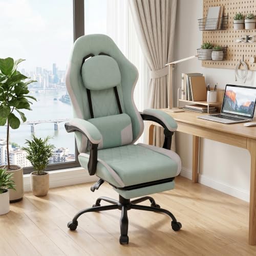 Video Gaming Chair, Ergonomic Office Chair with Footrest, Lumbar Support and Linkage Armrests, Swive Home Video Game Chairs for Adults, Mint Green