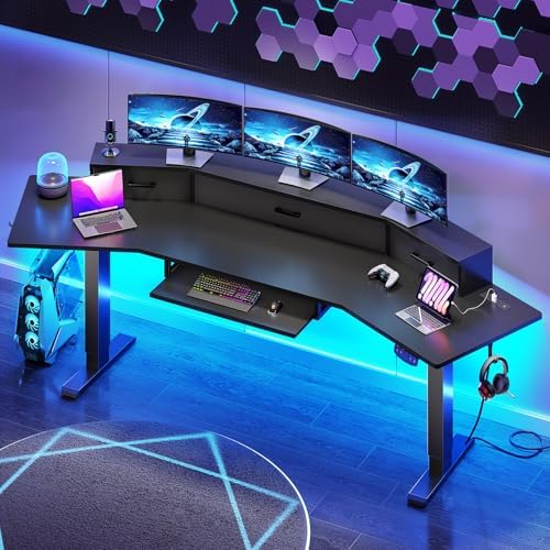 SEDETA 79'' Electric Standing Gaming Desk with Drawers and Led Lights, Height Adjustable Computer Desk with Power Outlet, Keyboard Tray for Home Office, Workstation, Stand up Gaming Table, Black