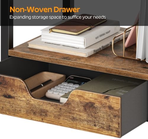 YATINEY Desktop Printer Stand, 2-Tier Printer Table with Non-Woven Drawer, Multi-Purpose Desk Organizer for Home Office, Under Desk Open Organizer Shelf, Rustic Brown PS01BR