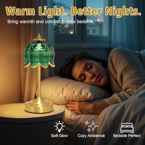 Cordless Table Lamp, Rechargeable Dark Green Glass Lotus Flower Lamp