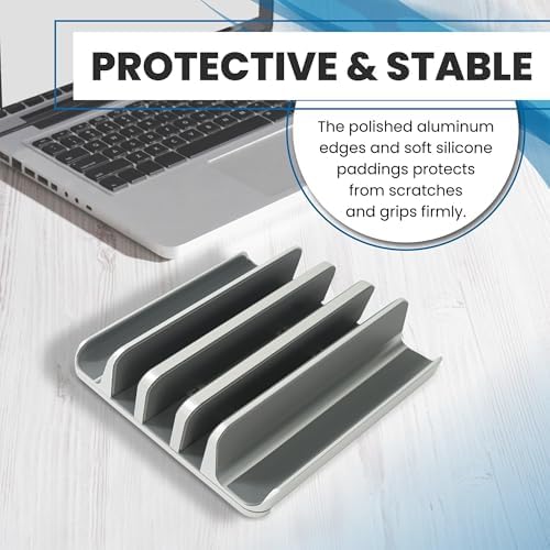 Elestoria 5- Slot Vertical Laptop Stand - Aluminum Laptop Stand Vertical for Desk - Fits MacBook Pro/Air, Surface, Mobiles & Gaming Laptops up to 17.3" - Heavy Duty Laptop Holder for Desk - (Silver)