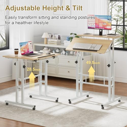 VECELO Small Mobile Standing Desk 24 Inch, Adjustable Height Portable Stand Up Desk with Wheels Computer Workstations, Rolling Laptop Cart, Oak