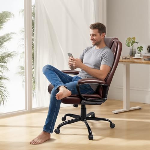 Office Chair, High Back Ergonomic Home Office Desk Chairs with Lumbar Support, Adjustable Big and Tall Computer Chair, 360° Swivel, PU Leather, Brown