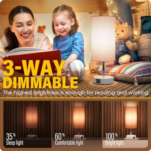 Yarra-Decor Desk Lamp with USB Port, Touch Control Desk Lamp with 3 Levels Brightness, Bedside Table Lamp with Round Pink Shade for Bedroom, Living Room, Dorm, Home Office