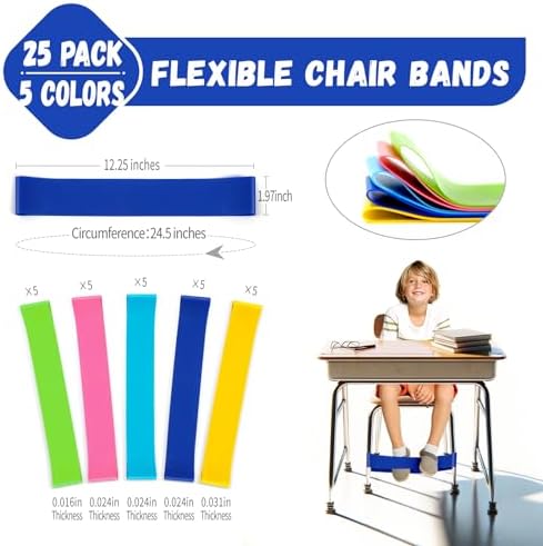 25 Pack Chair Bands for Kids with Fidgety Feet, ADHD Tools for Kids, Improve Focus & Reduce Restlessness, Chair Bands for Sensory ADHD ADD Autism - Classroom & Home Must Haves (Multicolor)