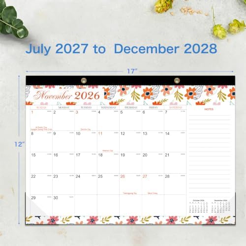 Desk Calendar 2026-2027 - 18 Month Desk Calendar 2026-2027, Jul 2026 - Dec 2027, 17" x 12", Desktop/Wall Calendar with Plastic Cover, Thick Paper, Corner Protectors - Floral