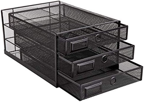 Annova Desk Organizer Wire Mesh 3 Tier Sliding Drawers Paper Sorter/Multifunctional/Premium Solid Construction for Letters, Documents, Mail, Files, Paper, Kids' Art Supplies (Black)