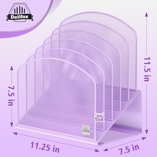 Delifox Inclined Desk File Organizer,Vertical File Folder Holder Stand Metal Rack File Sorter for Office Classroom Desktop Organization (1, Purple, 5)