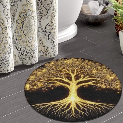 Soft Round Yoga Carpet, Office Chair Decor Round Mat for Carpet and Hardwood Floors Gold Black Tree Life Celtic Art